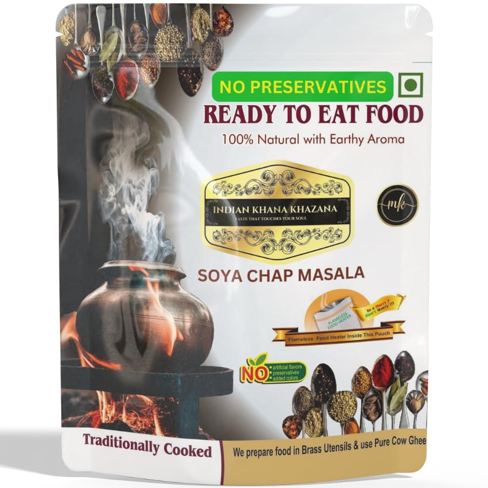 INDIAN KHANA KHAZANA Ready to eat Soya Chap Masala | No Added Preservative and Colours ( Soya )Serve Hot Anytime Anywhere with our Flameless Food Heater inside the Pack | Indian Tasty Flavour Ready to Eat Food Soya Chap Masala
