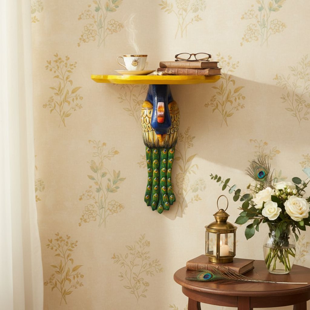 Wooden Painted Handicraft Peacock Statue Home Decors Showpiece