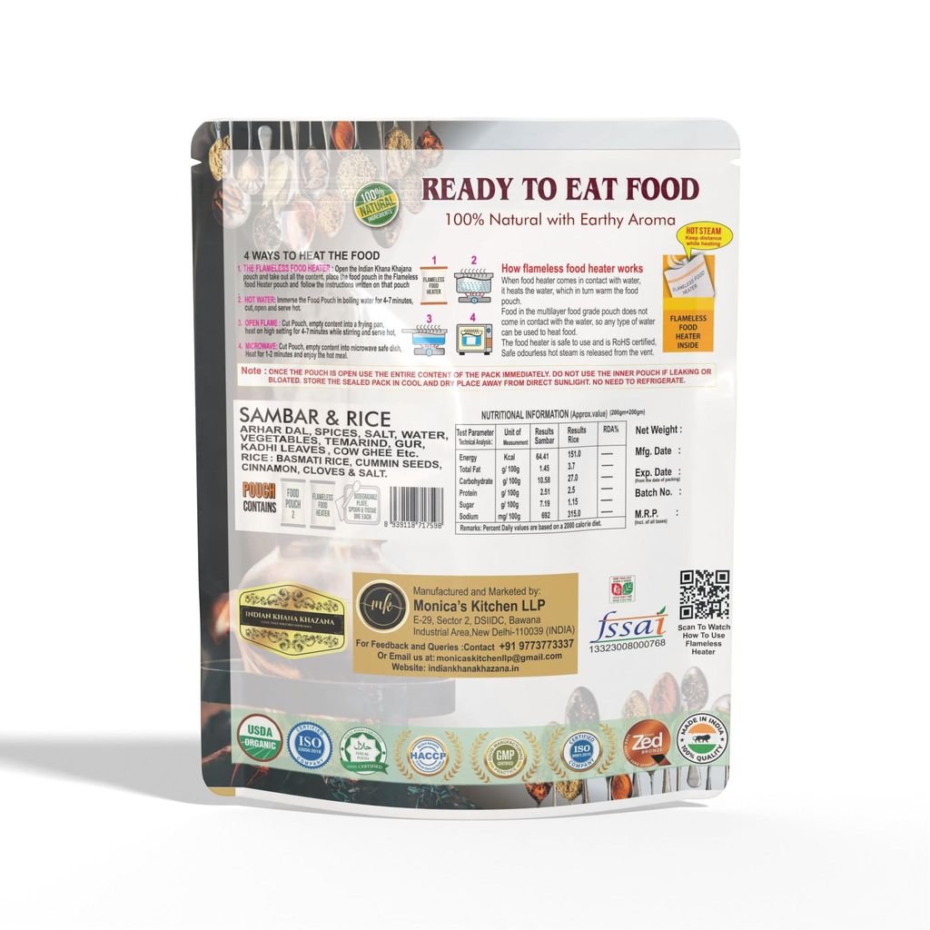 Sambar Rice COMBO (Sambar200gm+Rice 200gm) | No Added Preservative and Colours | Serve Hot Anytime Anywhere with our Flameless Food Heater inside the Pack | Indian Tasty Flavour Ready to Eat Sambar Rice