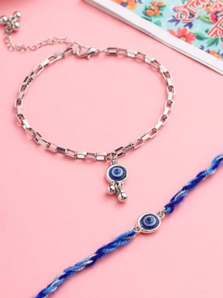 NVR Set of 2 Blue Evil Eye Bhaiya Bhabhi Rakhi with Roli Chawal Chandan & Mishri-One Size / Blue