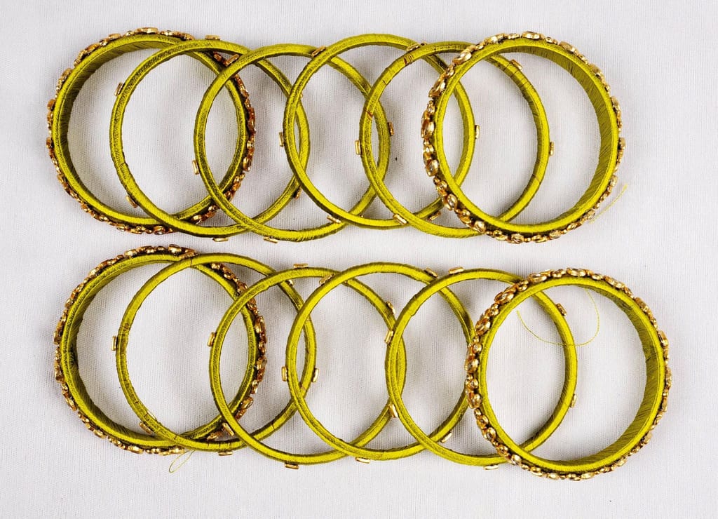 Green Silk Thread Bangle Set with Kundan Stones