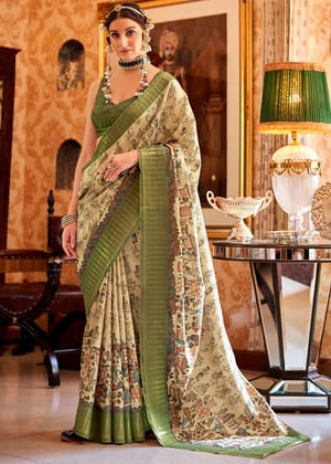Classy Green Madhubani Print soft silk saree
