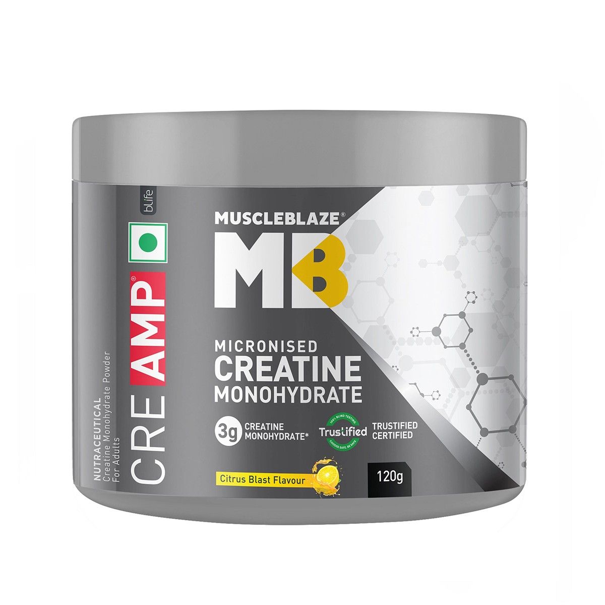 MuscleBlaze Creatine Monohydrate CreAMP with CreAbsorb (Citrus Blast, 120g) Trustified Certified