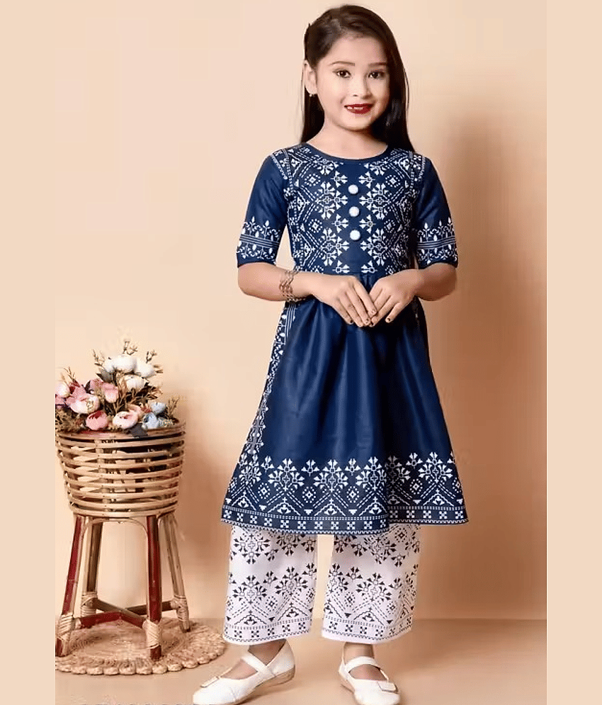 DS DRESSES Girls Cotton Kurti with Pants ( Pack of 1 , Blue )