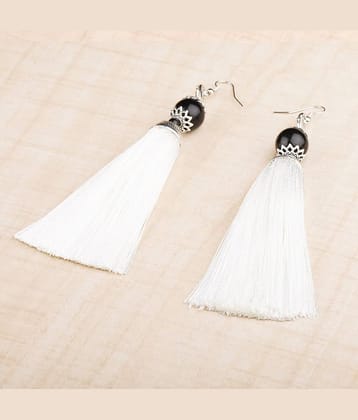 Silver Shine Spunky White Long Thread Tassel Earrings for Women.