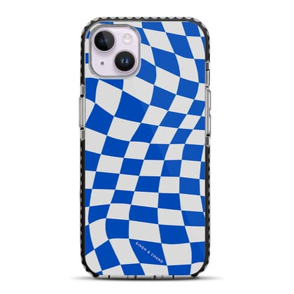 Blue Wavy Checkered iPhone 14 Plus Stride Phone Case-Stride
