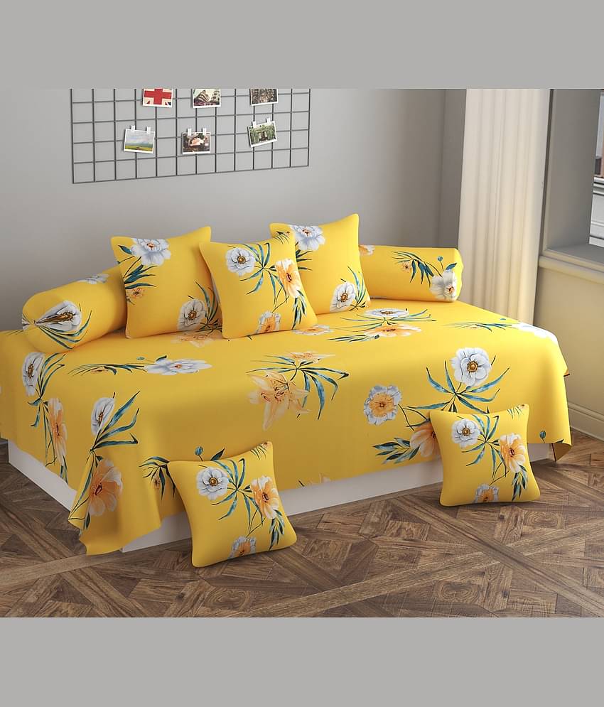 SHOMES Cotton Floral Diwan Set 8 Pcs - Yellow