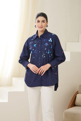 IMPERIAL SEQUINED POPLIN SHIRT-Navy / Poplin / XXS