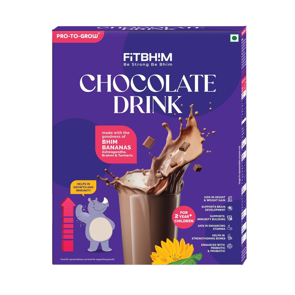 Pro To Grow Fitbhim Nutritional Chocolate Drink Powder 300g | Enriched with Bhim Banana & Ayurvedic Herbs | Belgian Chocolate Flavor for Kids (2+ years) | Brain & Growth Booster with Immunity Support