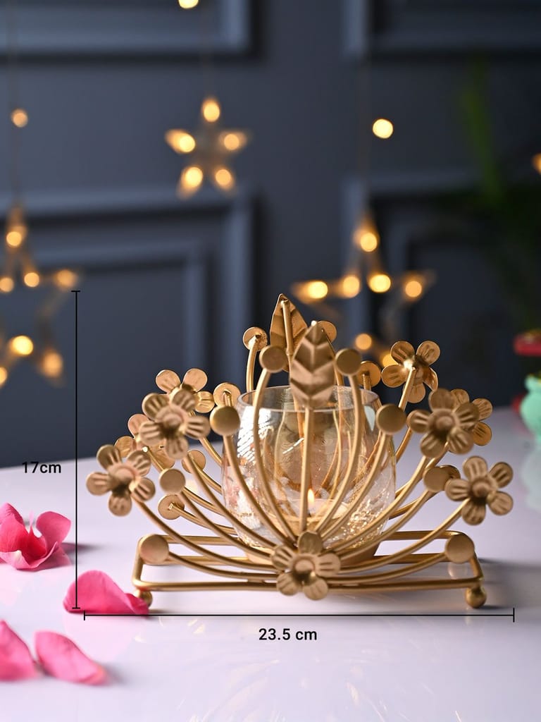 Elegant Gold Metal Flower Tealight Candle Holder with Glass Votive