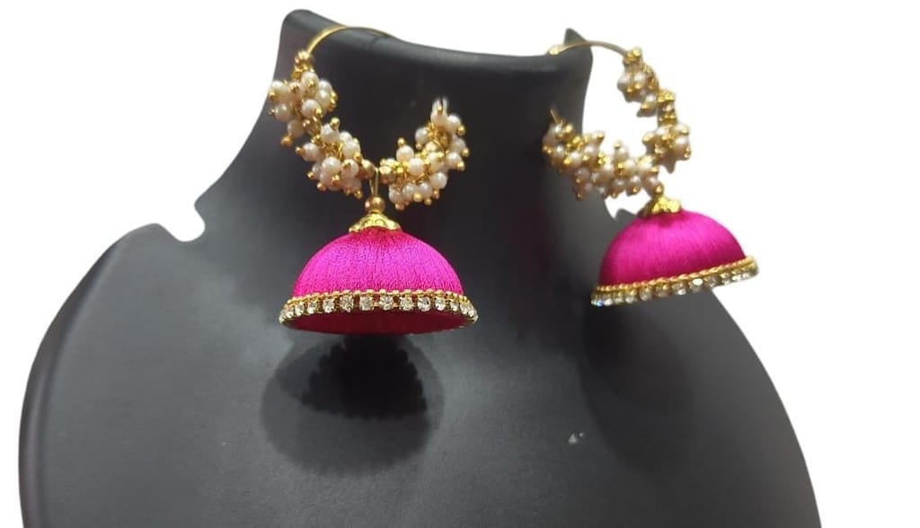 Buy Online Pink Color Silk Thread Jhumka Earrings With Pearls For Women