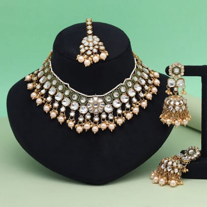 Gold Color Meena Work Kundan Necklace Set (KN1455GLD)-Adjustable Rope / Gold / Alloy With Good Quality Gold Plated