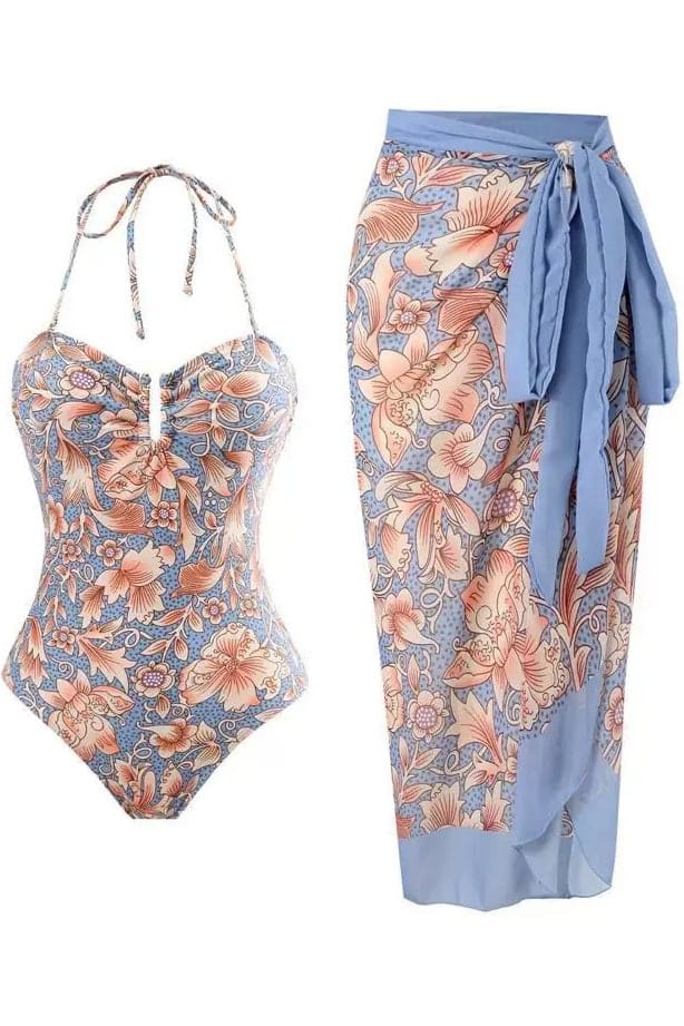 Blue Floral Printed Swimsuit with Sarong-S-M