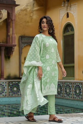 Light Green Poly Chanderi Ethnic Motifs Straight Suit Set PKSKD1178