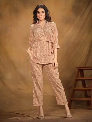 Orange Printed Straight Polyester V-Neck Co-ord Set-S