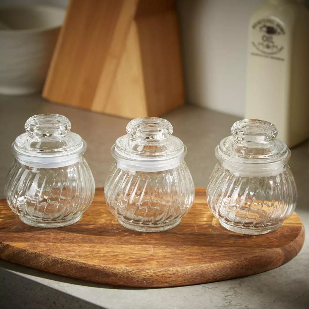 Glass Pop jar with Air Tight Lid, 350 ML, Set Of 3, Storing Spices Masala Food Storage Containers, Glass Honey Jars For Home And Kitchen Tool