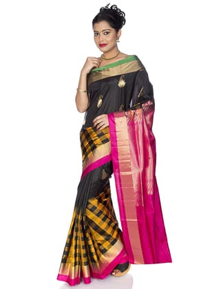 Black Kanchipuram Silk Saree with Dark Pink border + Checks design