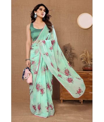 Gazal Fashions Georgette Printed Ready to Wear Saree With Unstitched Blouse Piece ( Green )