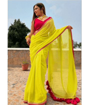 JILUDI Georgette Solid Saree With Unstitched Blouse Piece ( Yellow )