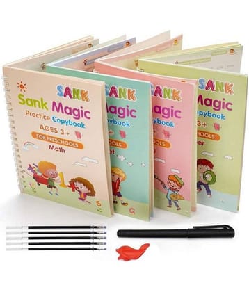 Sank Magic Practice Copybook, Number Tracing Book for Preschoolers with Pen, Magic Calligraphy Copybook Set Practical Reusable Writing Tool Simple Hand Lettering (4 Books + 5 Refill)