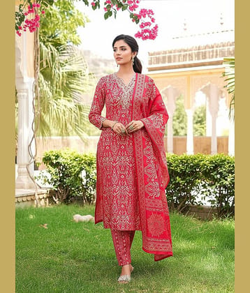 Vaamsi Women Silk Blend Printed Straight Kurti With Pants ( Red )