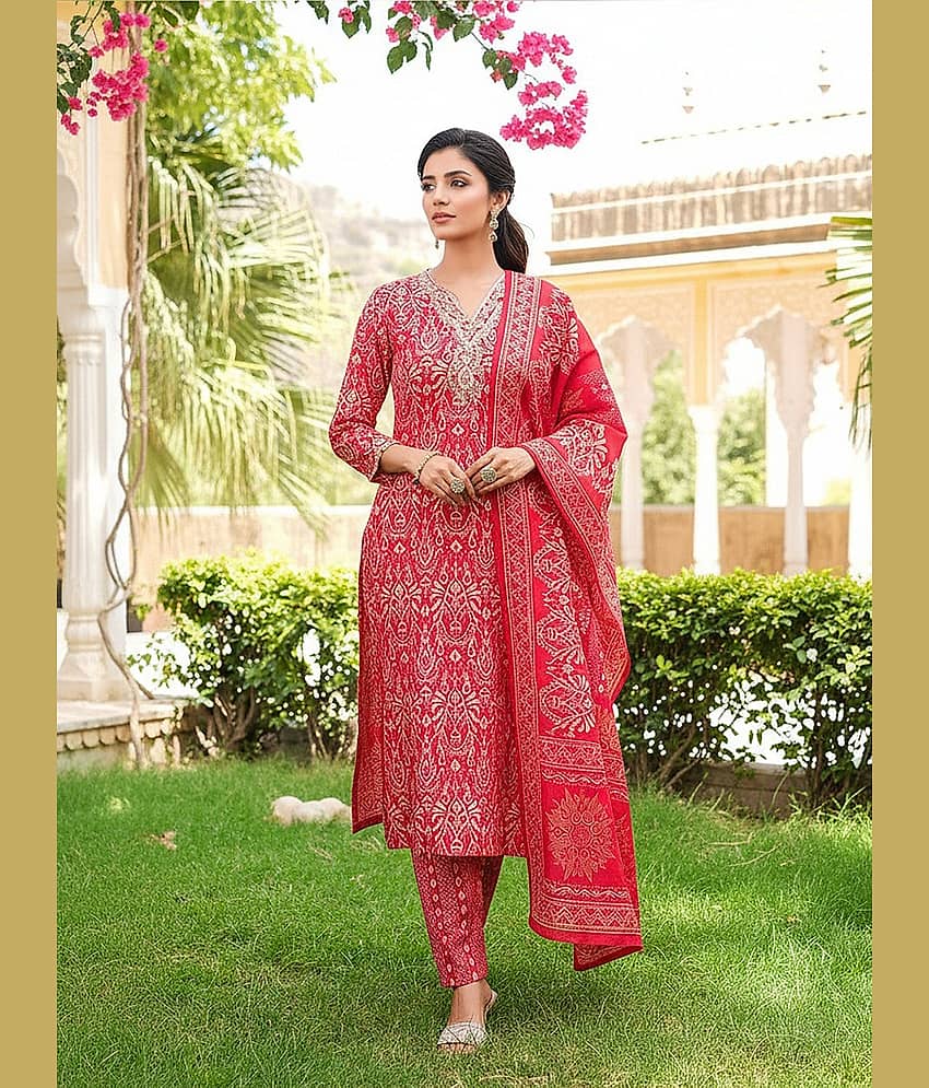 Vaamsi Women Silk Blend Printed Straight Kurti With Pants ( Red )