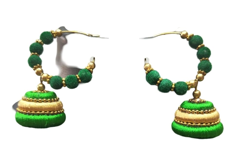 Green Silk Thread Jhumka Earrings with Golden Beads