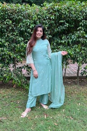 Sara Pastel Green Silk Suit With Beads-L