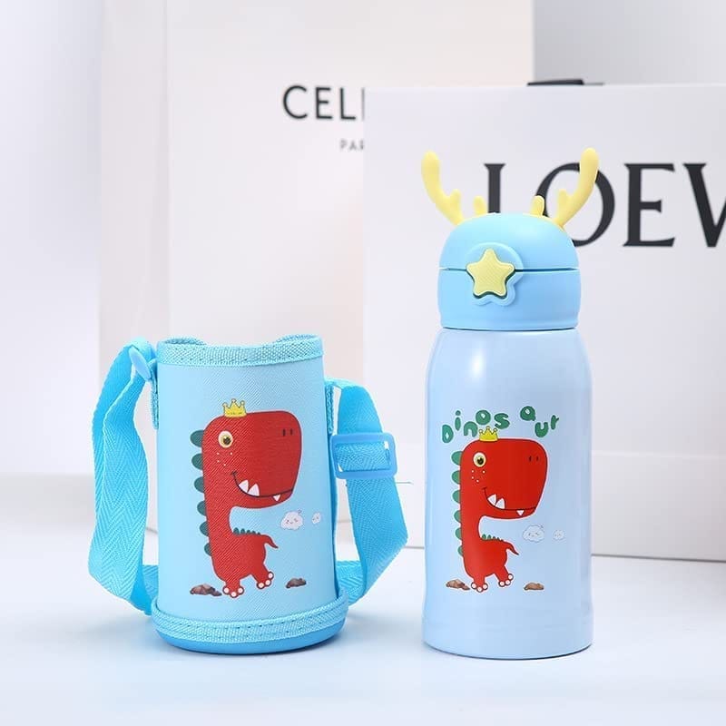 Cartoon Printed Sipper Water Bottle with Straw & Cover for Children - Stainless Steel Flask 500 ML (Blue)
