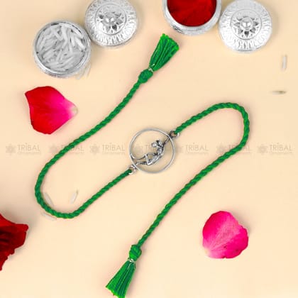925 Sterling silver Lord Hanuman design pendant Rakhi bracelet Rakshabandhan festival rk332-Green Thread