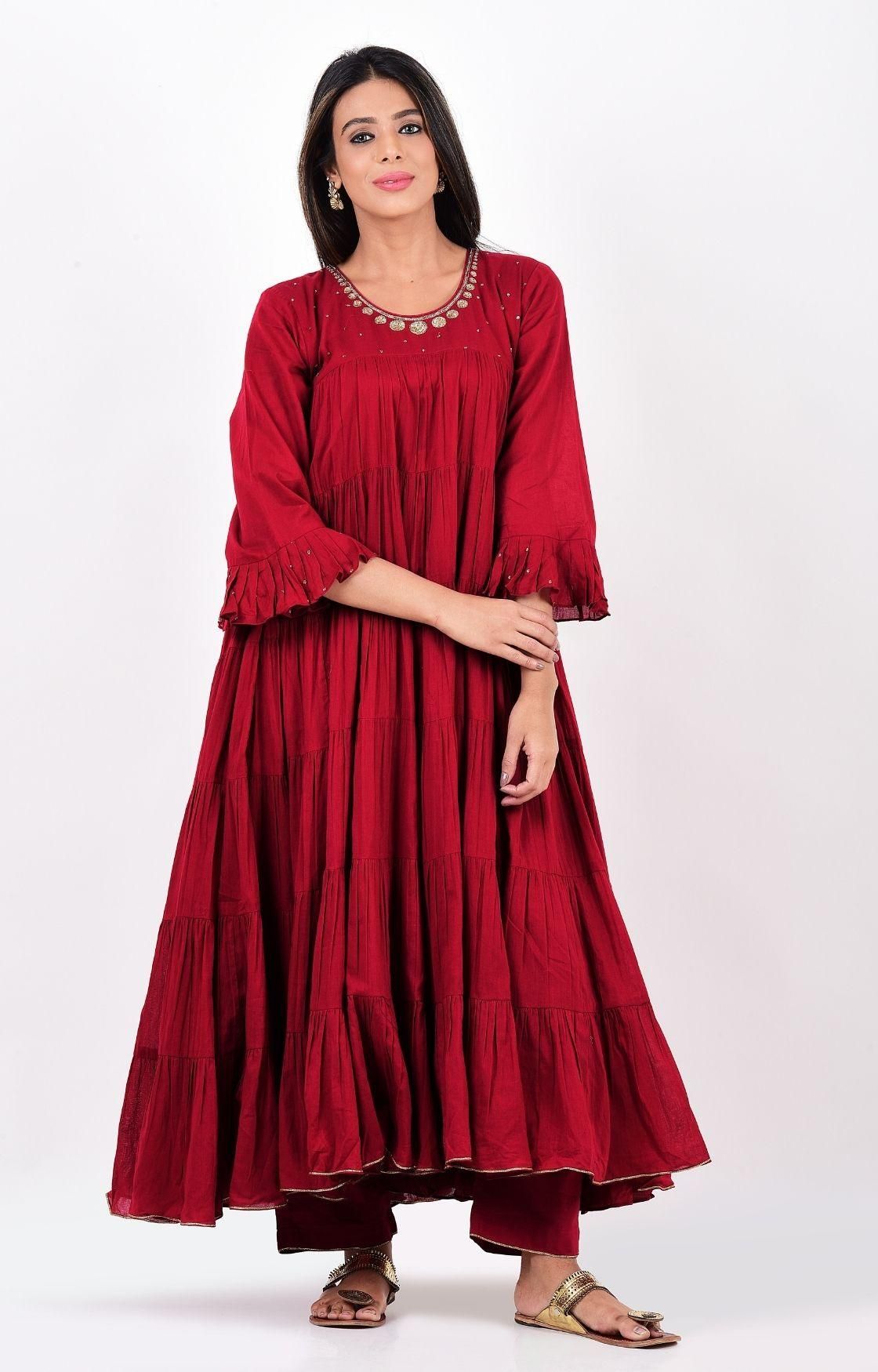 Cherry Red Crinkled Layered Kurta Set-S