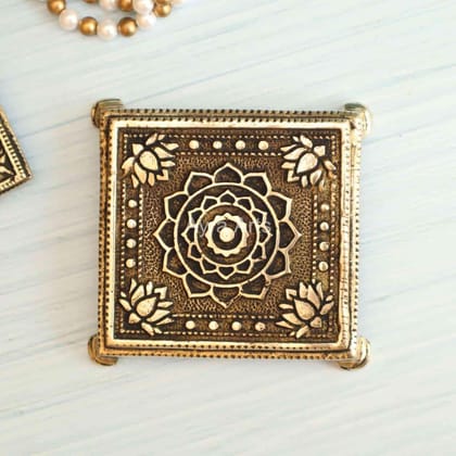 Handcrafted Brass Square Shaped Puja Chowki for Home Pooja Mandir Choki - 4 Inch Length