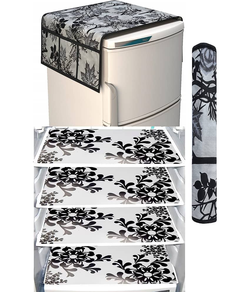 SHUBH Polyester Floral Fridge Mat & Cover ( 99 58 ) Pack of 6 - Black