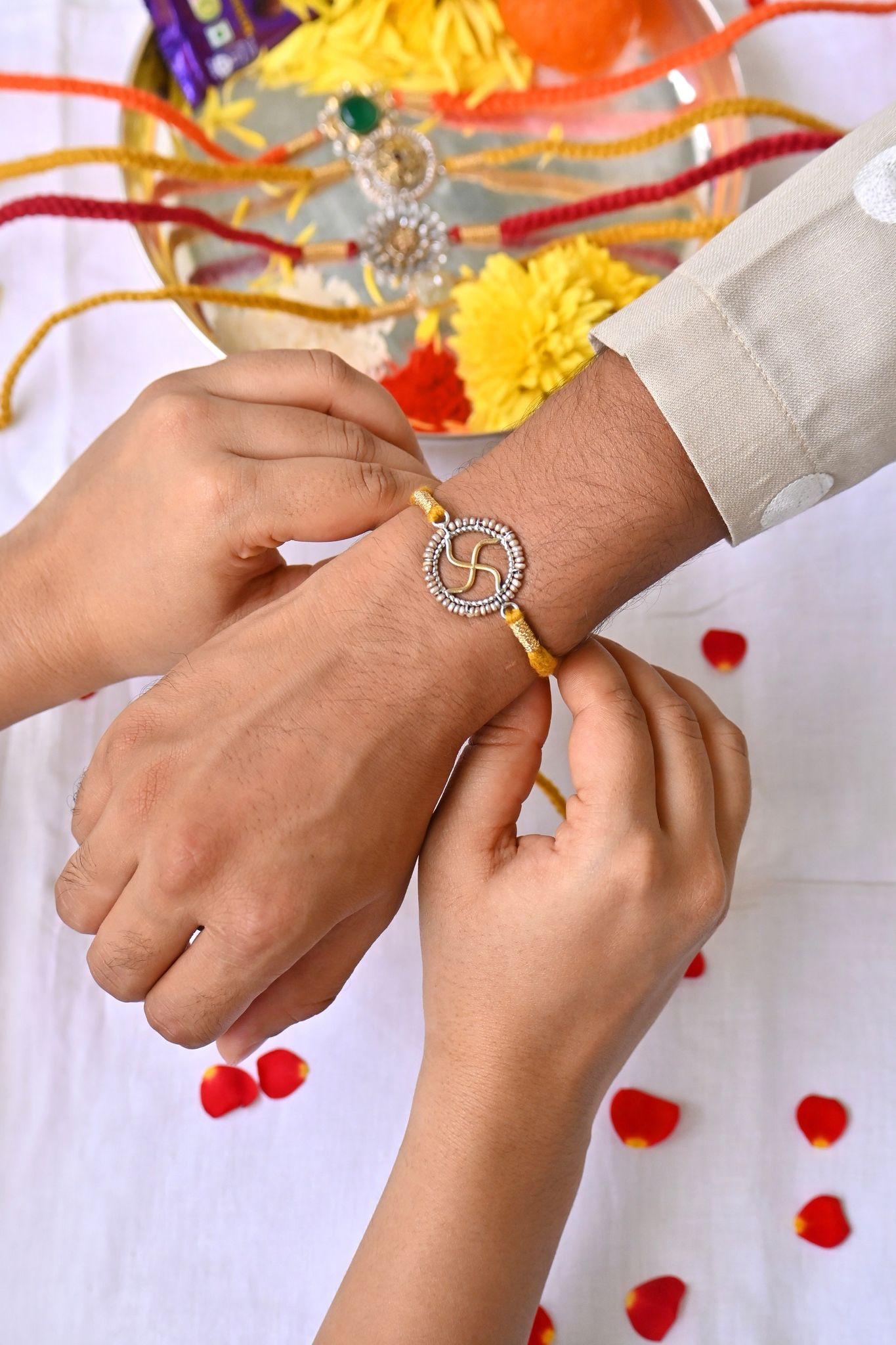Dual Tone Swastik Silver Rakhi CHR097
