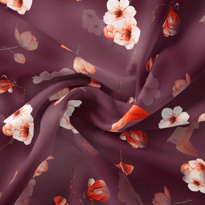 Shiny Red Tulip With Cherry Blossom Flower Digital Printed Fabric-Polyester / Japan Satin / 110 CM | 43 Inch