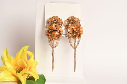 Floral Applique Pearl Crystal embellished with chain drop Earring-Brown