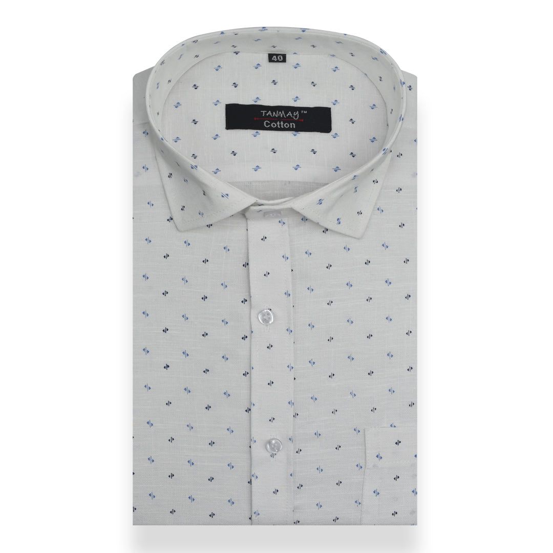 White Blue Arrow Printed Cotton Shirt For Men's-M (38 Inch) (98 CM) / Full