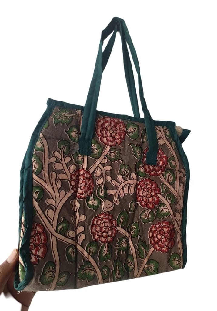 AP MEPMA KALANKARI BAGS Handcrafted Kalamkari Cotton Tote Bag with Floral Print and Green Trim