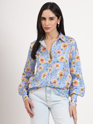 Women'S Luxury Linen Satin Multicolour Regular Length Straight Hem Digital Print Shirt-M
