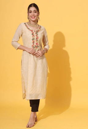 Cream Embroidered Chanderi Kurta-XL / Cream