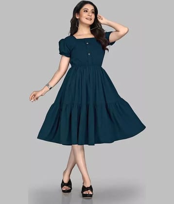 Femvy Women Polyester Solid Fit & Flare Dress ( Blue )
