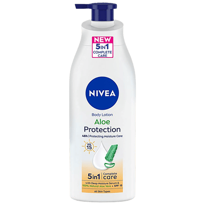 Nivea Aloe Protection Spf 15 Sun Damage Protection Body Lotion - All Skin Types, With Deep Moisture Serum & 100% Natural Aloe Vera, 400 Ml