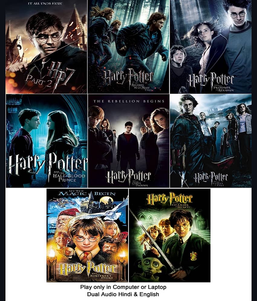 Harry Potter Film series (8 Movies) in Hindi & English both play only in Computer or Laptop HD Quality without Poster
