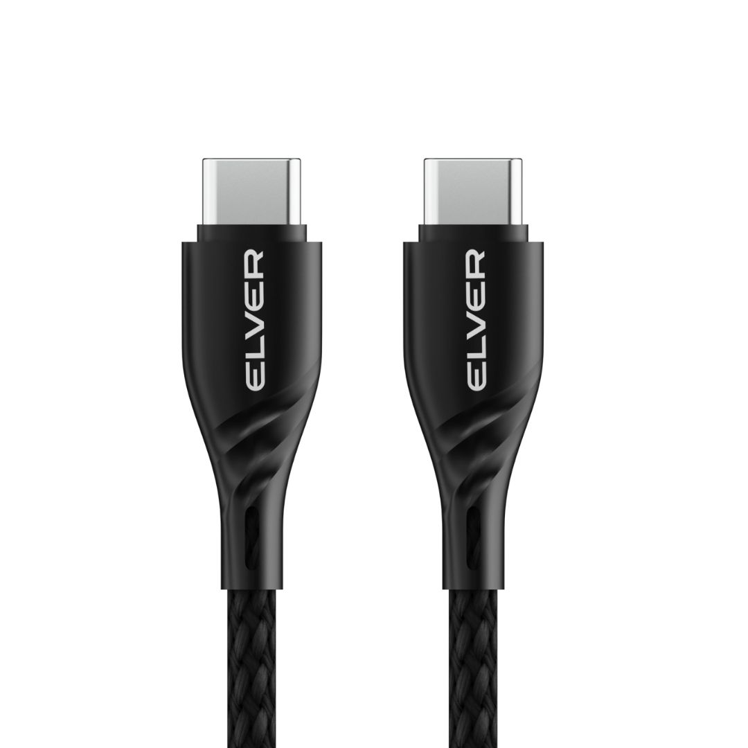 Elver USB-C to USB-C Cable, 65W Fast Charging, 1.2M Length, 480Mbps Data Speed, Tangle-Free - Black