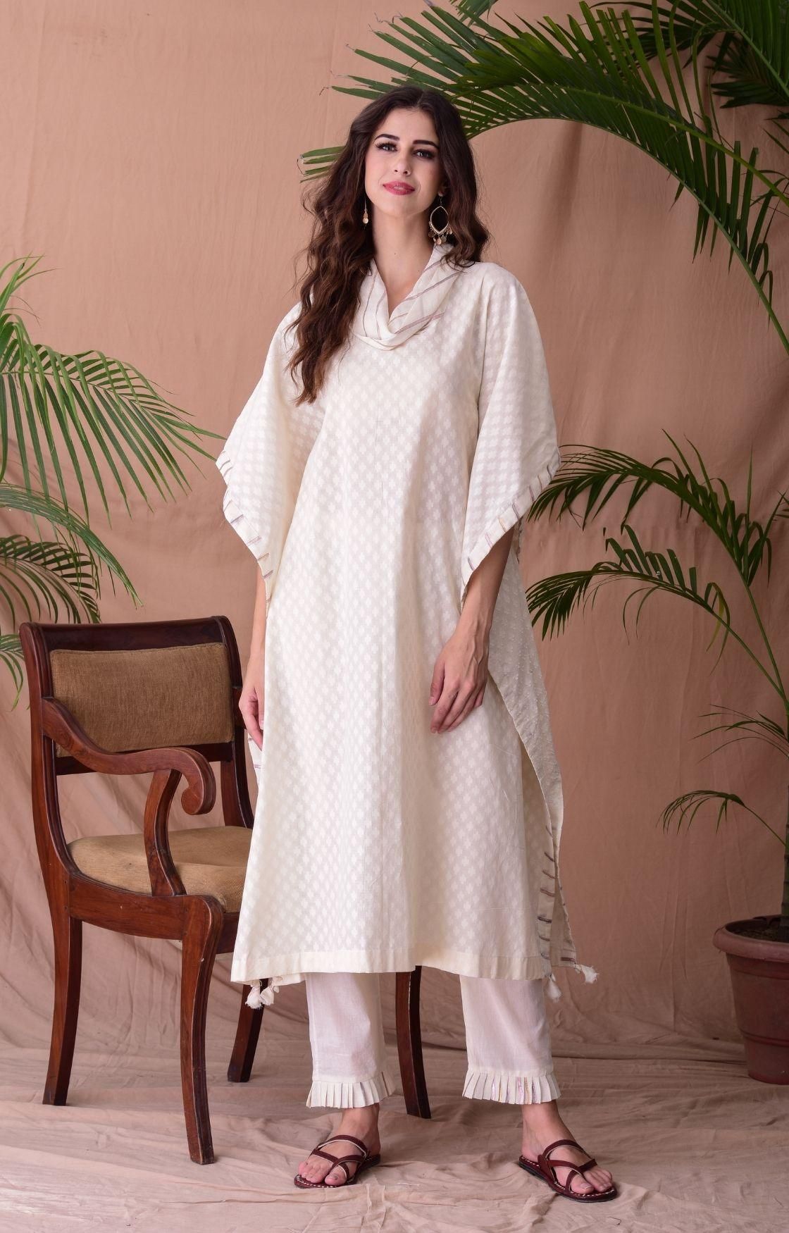 Off Cotton Jacquard Cowl Kaftan Set-S