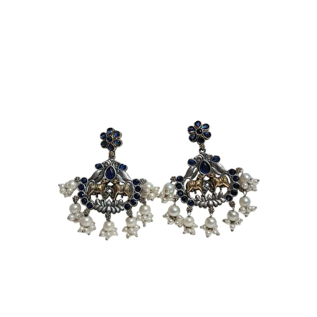 Anyaya Collections Vintage Pearl Drop Earrings, Blue Stone Studded, Antique Gold and Silver Finish