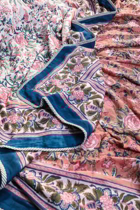 Sunderban Rose Cotton Flannel Dohar D10-Double - 90 x 108 in / Pink/Blue / Pink