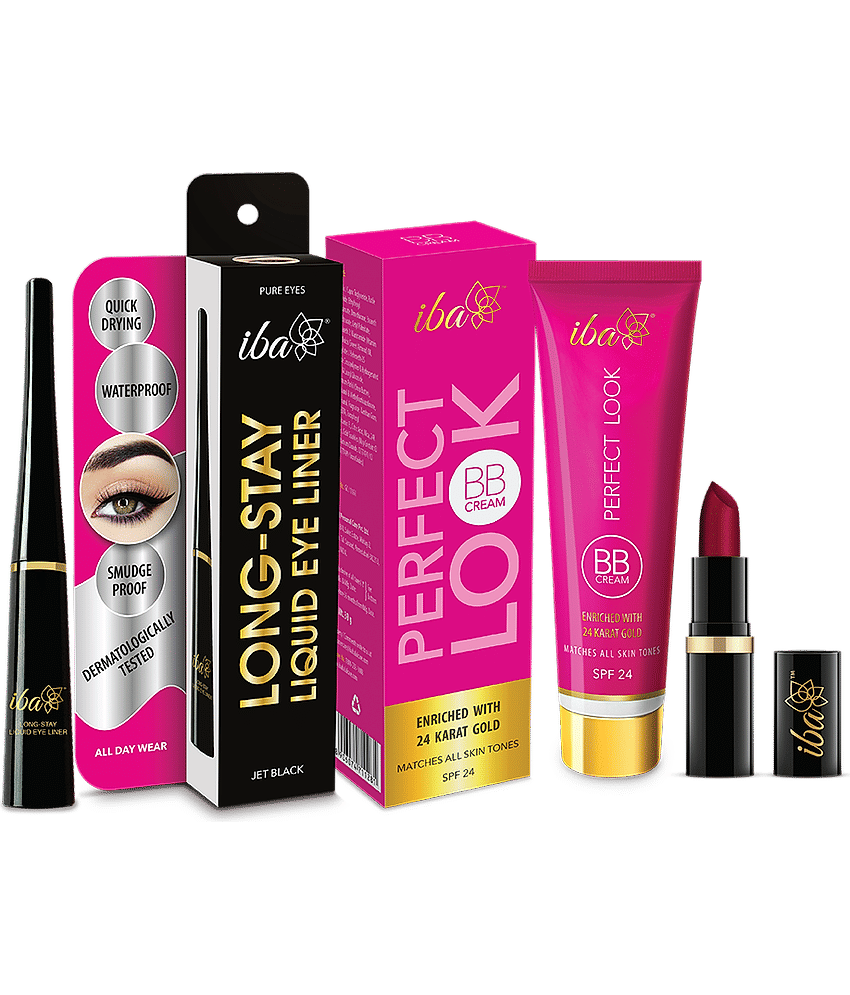 Iba Makeup Combo 2 BB CreamMedium Shade, Long Stay Eyeliner ,Ruby Touch A65 Lipstick, (Pack of 3)