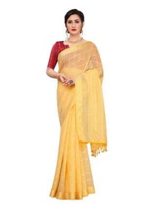 Generic Women's Cotton Saree with Blouse (Yellow, 5 - 6 Mtrs)