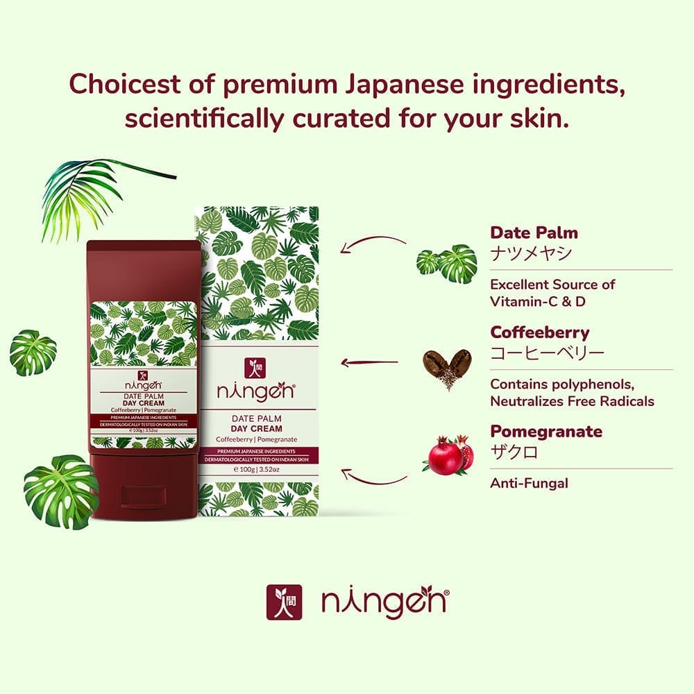 Ningen Skin Nourishing Day Cream I Infused with Date Palm, Coffeeberry and Pomegranate Extracts I Dermatologically Tested, Paraben Free I Delivers Day Long Essential Nutrients and Moisture I 100g